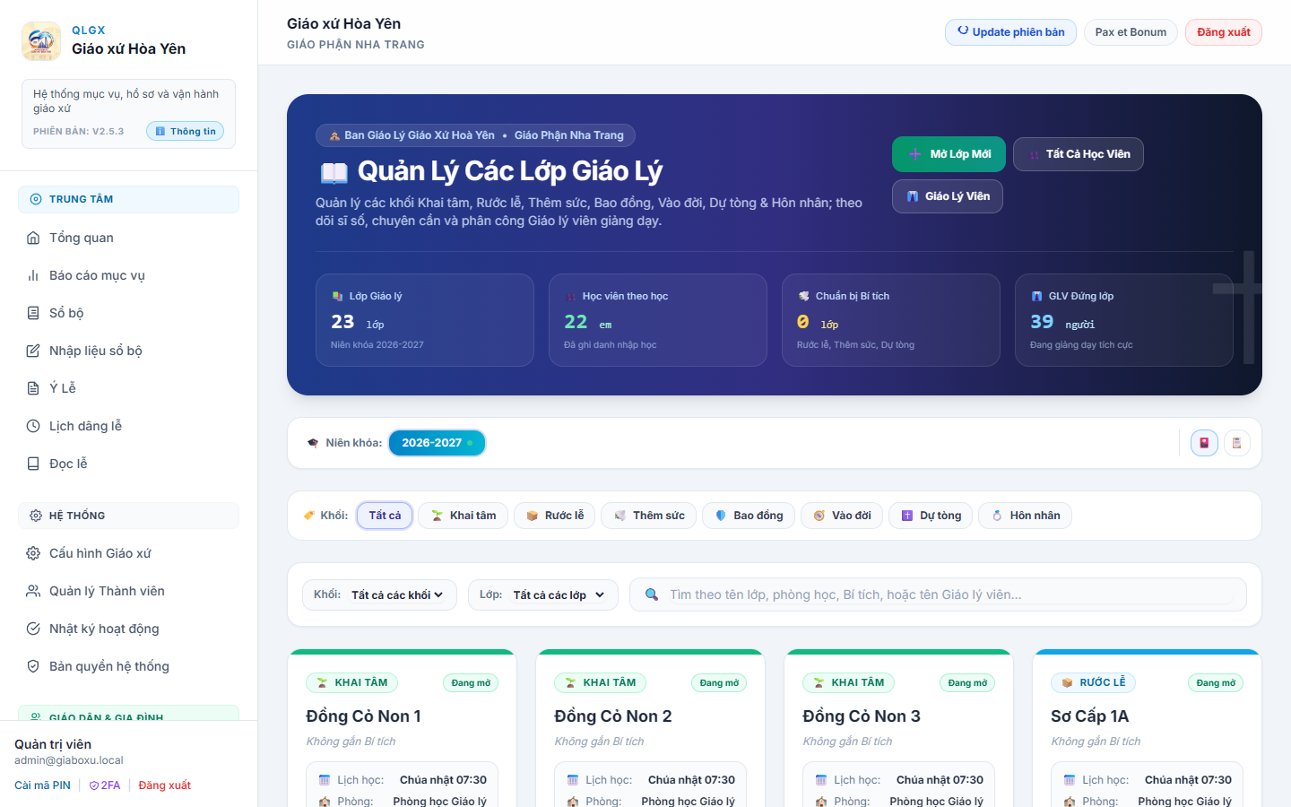 Quản lý các Lớp Giáo lý theo Niên khóa & Khối ngành